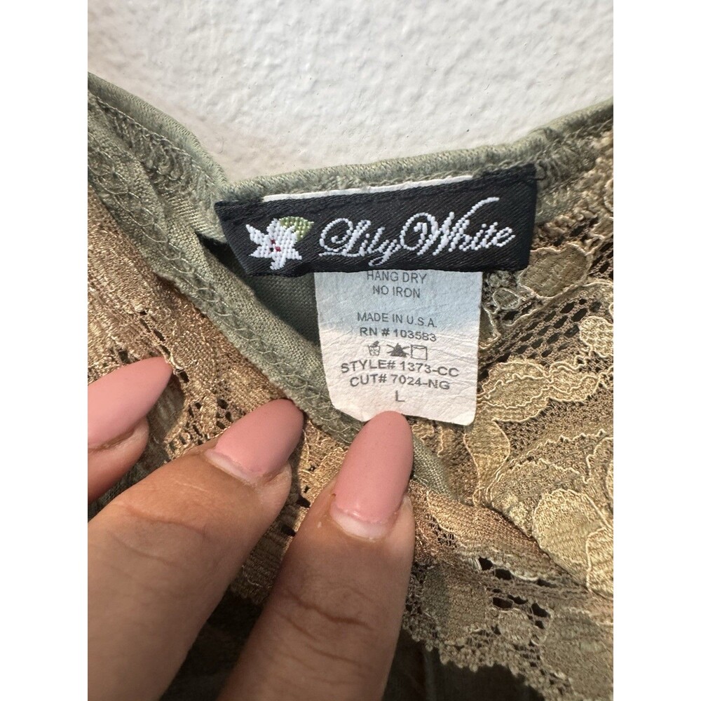 Y2K Babydoll Olive Crinkle Camisole Lace Trim Boho Grunge Adjustable Straps L - Picture 4 of 7